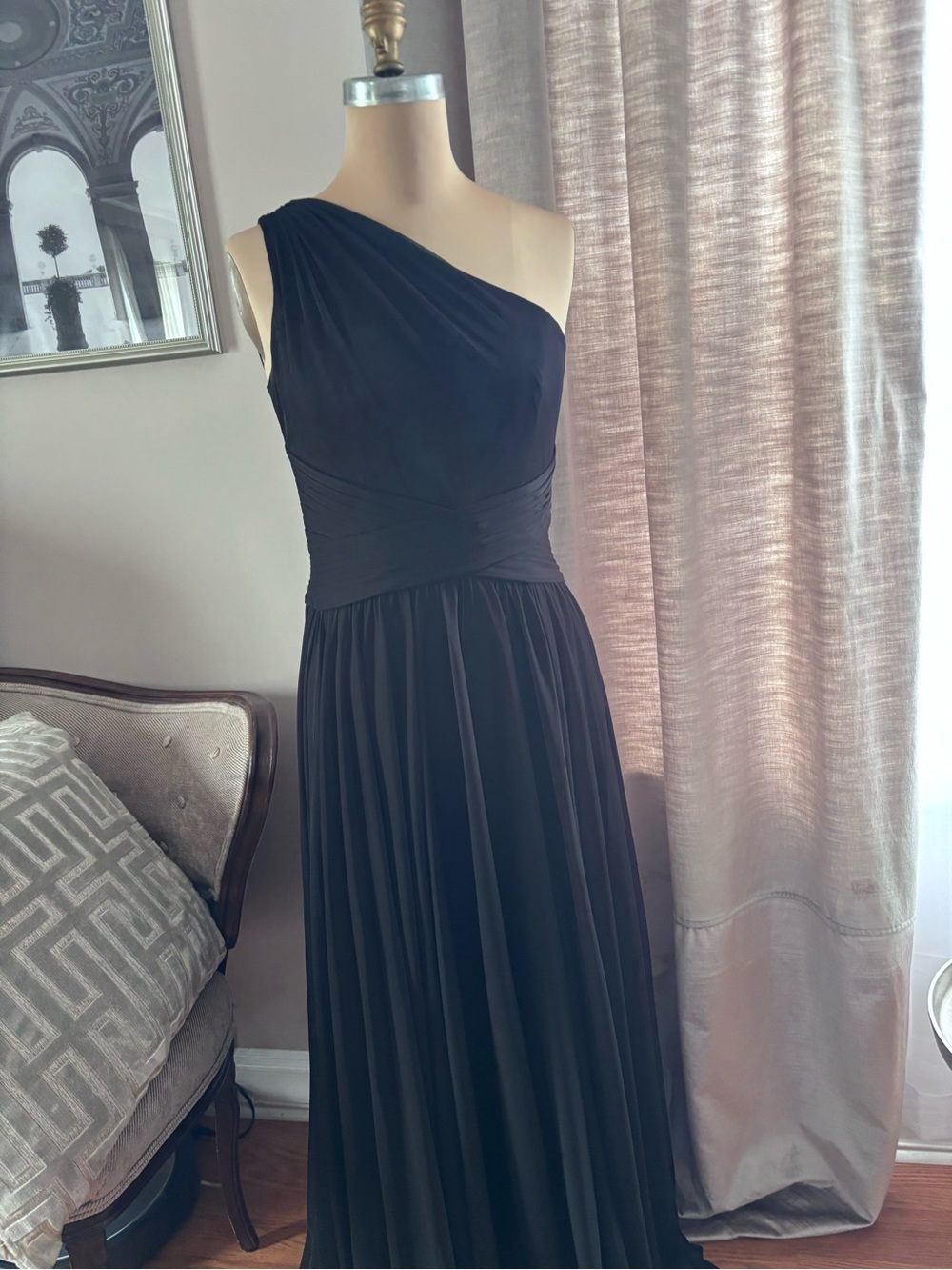 David's Bridal Black One Shoulder Chiffon Bridesmaid Dress Maxi Gown 6